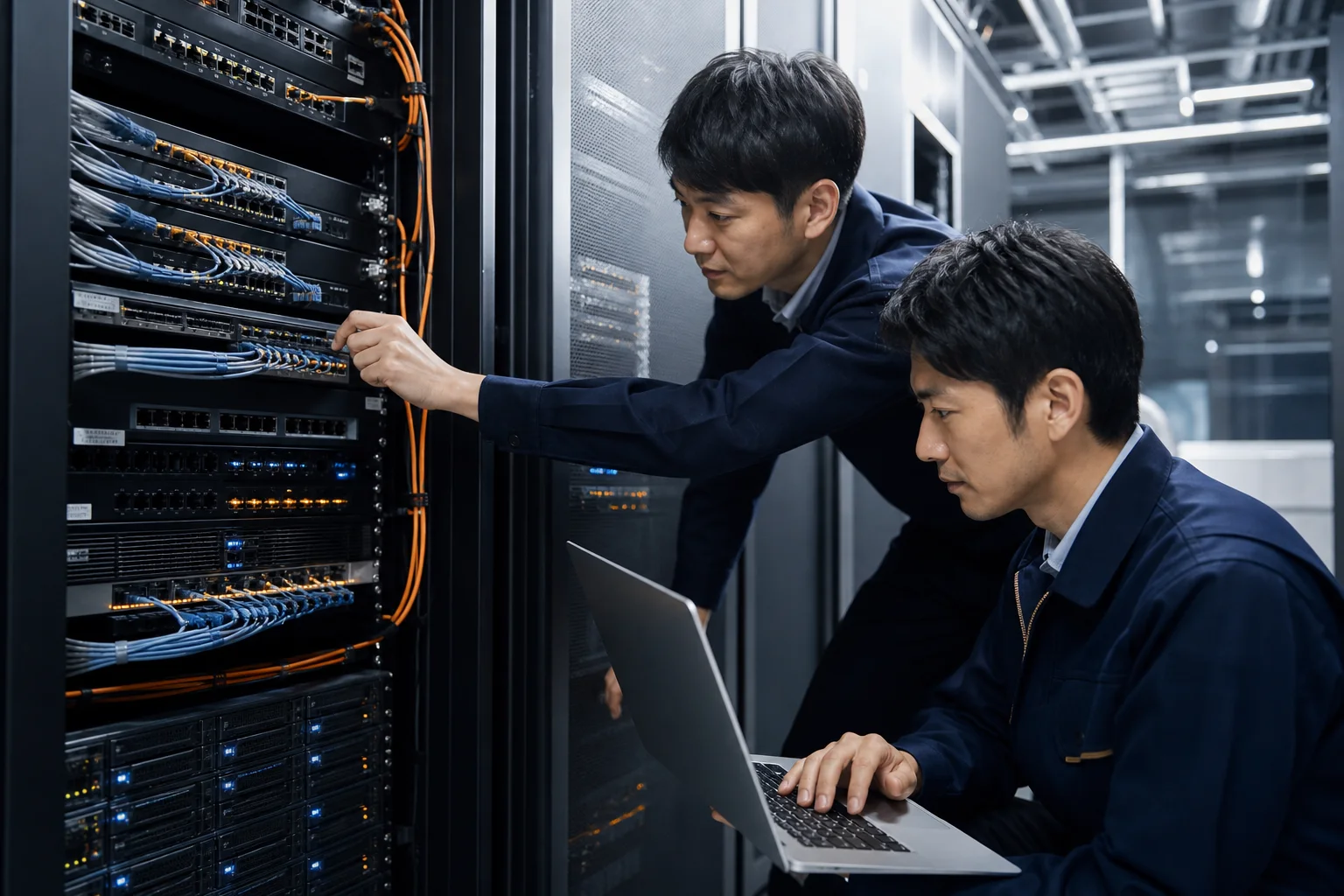 サーバーとネットワーク機器を構築・点検するエンジニア